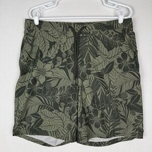 Kirkland Mens L Swim Shorts Olive Green Floral Leaf Mesh Liner Tropical Beach